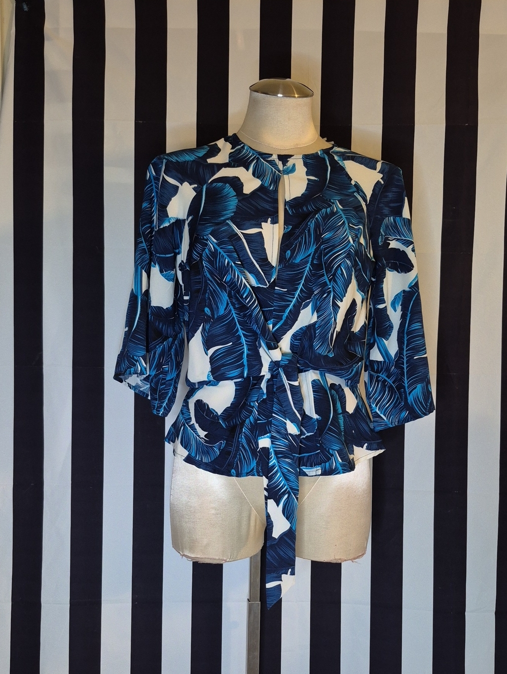 Fab'rik Blue & White Leaf-Print Tie Front Blouse